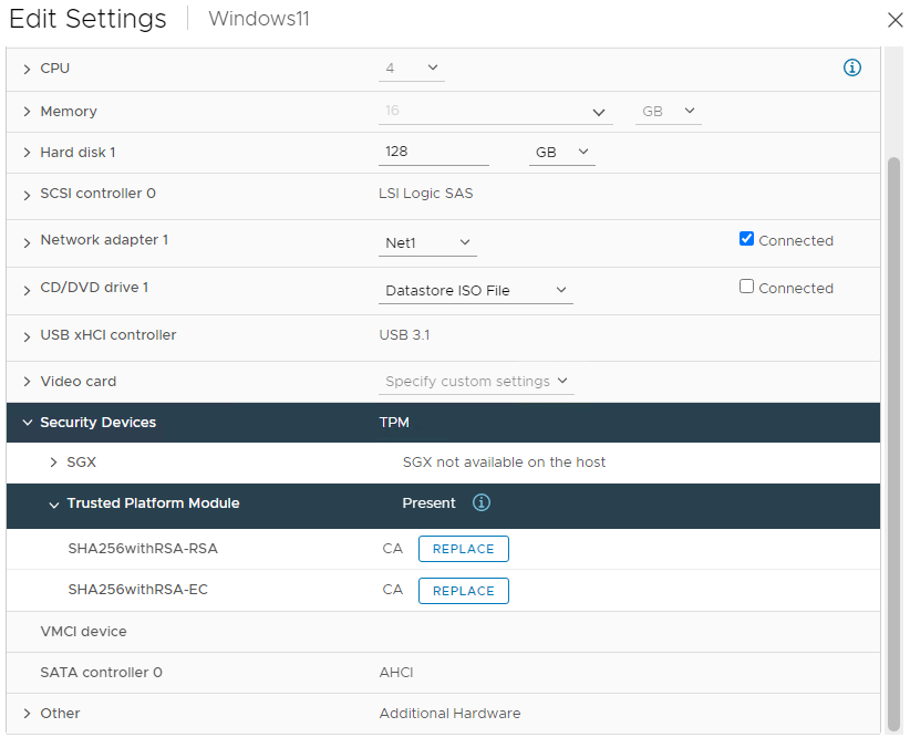 vCenter VM configuration